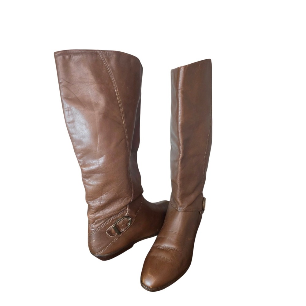 Brown Leather Knee High Riding Boots Womens Size 8 Low Heel Buckle